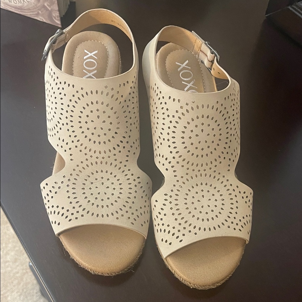 XOXO Beige Perforated Wedge Sandals